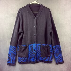 Fair Isle Cardigan Vintage Womens XL Black Blue Skater Grandpacore Pocket Button